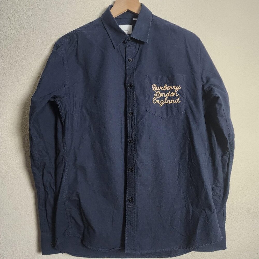London England Shirt Mens Large Blue Embroidered Logo Long Sleeve Button Up